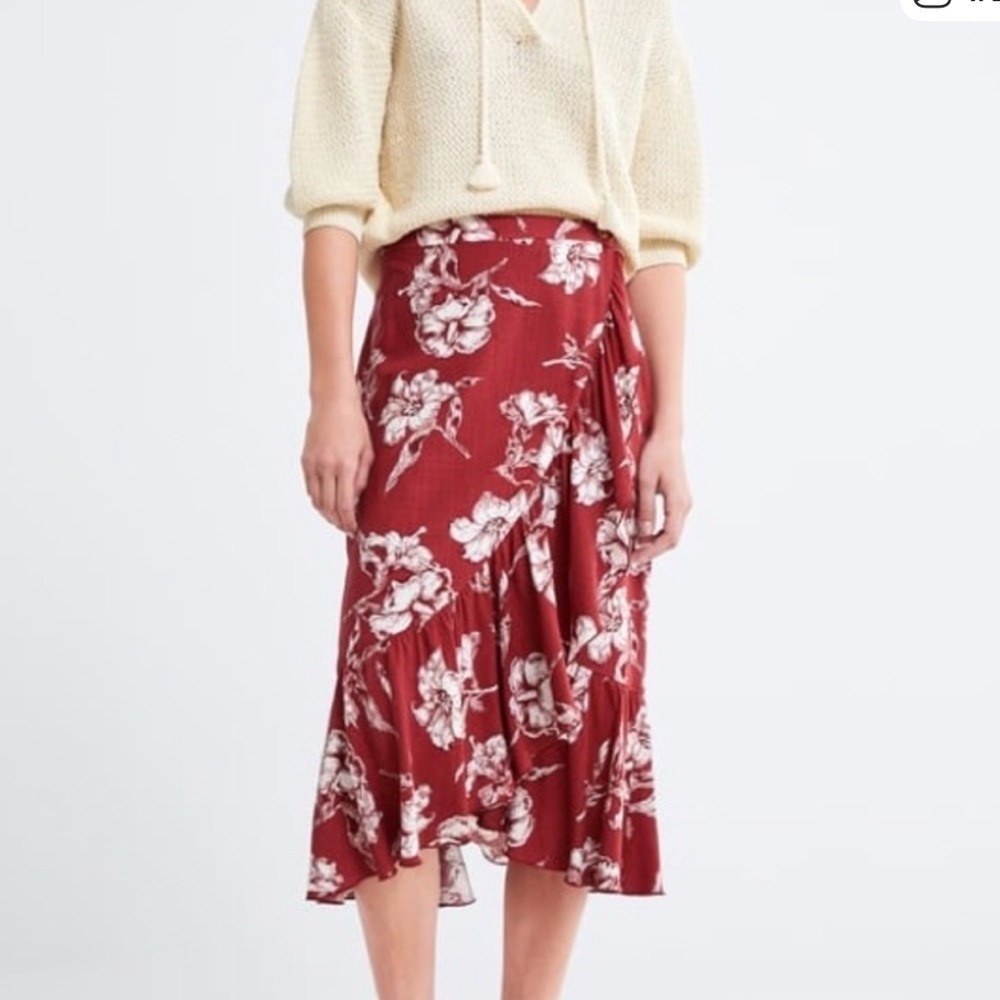 Zara Linen Blend Floral Wrap Midi Skirt in Red Women’s Size Large